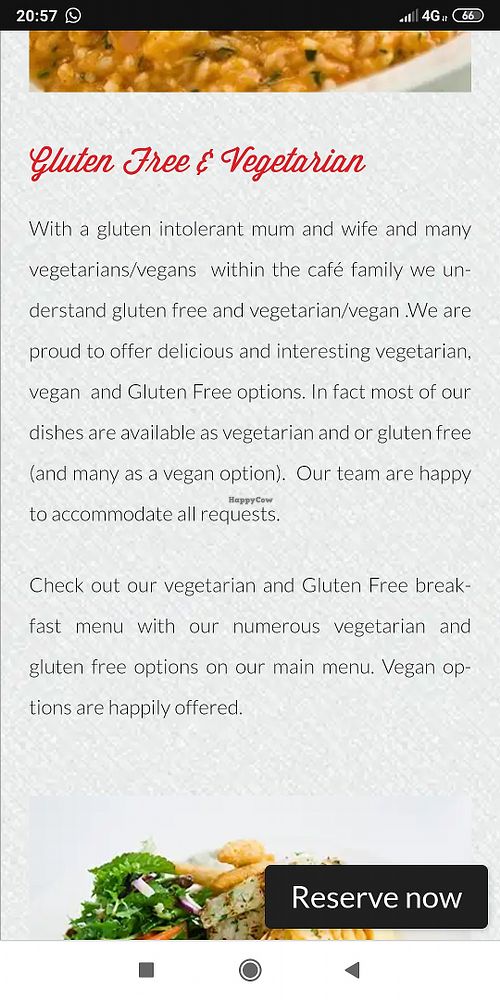 Section on the website about vegan food at Balthazar in Adelaide