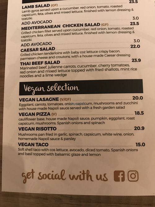 Vegan selection at Trax in Melbourne