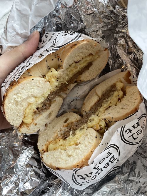 All vegan “egg-cheese-sausage” bagel (sausage is beyond meat)  at Bagel Point in Brooklyn