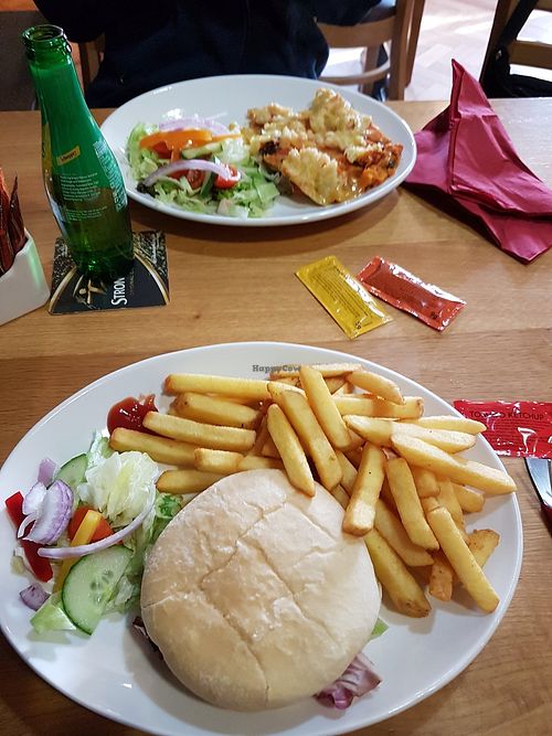 Vegan lasagne and the vegan burger with chips at Smoo Cave Hotel in Lairg