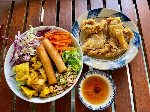 KFC fried mushrooms and Bún Chả Giò at Khong Vegan Restaurant  in Da Nang