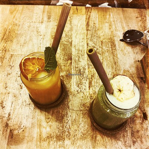 Green juice + orange juice  at FOOD Mercearia Biológica in Lisbon