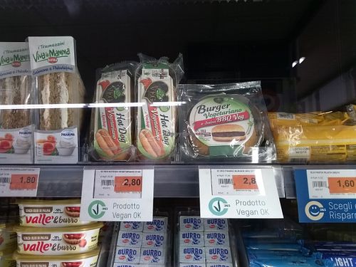 Vegan burger and hot dog in their fridge at Sole 365 in Naples