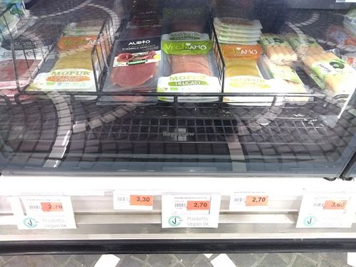 Vegan "meats" in their fridge at Sole 365 in Naples
