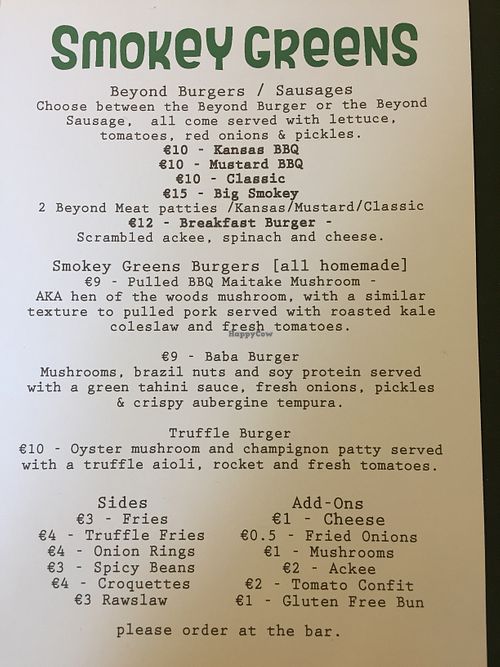 Burger and sides menu at Smokey Greens in Berlin