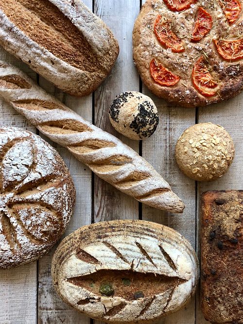 An assortment of sprouted, organic, gluten-free sourdough breads at Uprising Bakehouse in Burlington