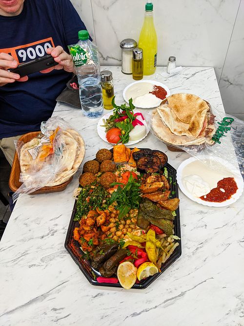 Vegan Teller for four at Azzam for 15 EUR (which was enough for a super dinner for four and enough left over for 4 yummy lunches) at Azzam in Berlin