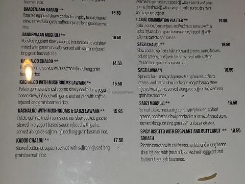 Menu at Bistro Aracosia in Washington