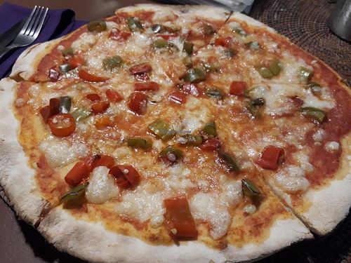 Diavola vegan pizza with vegan cheese at Mediterraneo Pizza & Pasta in Koh Phangan