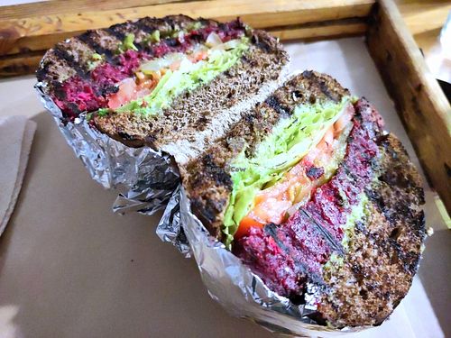 Vegan burger with a beetroot patty at Burger Street in Paros