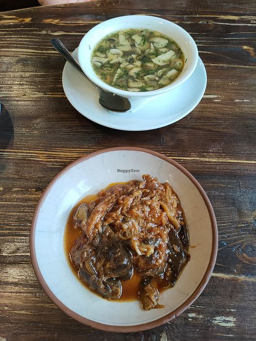 Mushroom soup and imam baildi at Gyumri Hatsatun in Gyumri