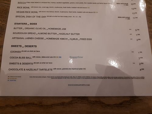 Menu at Manna Porto in Porto