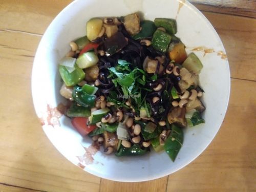 A weekly special. Black rice noodles in a coconut cream sauce. Black eyed peas for your protein and sauteed veggies to fill out the meal. It's sooooo good! at Barley John's Brew Pub in New Brighton