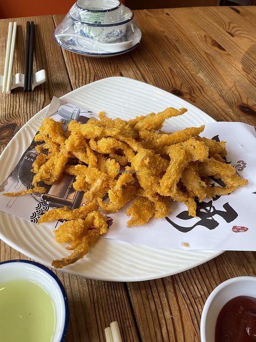 Deep fried eryngii mushrooms - great but very fried   at Pin Cha Ju in Shenzhen