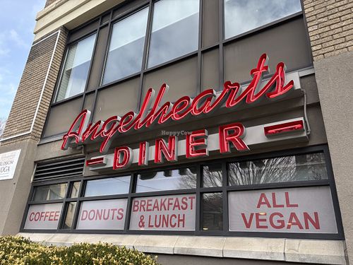 Exterior sign at Angelhearts Donuts in Ithaca