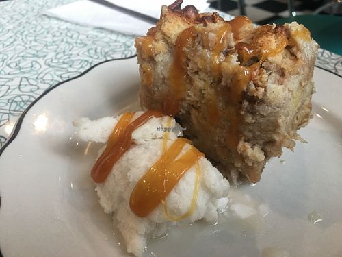 Banana Walnut Bread, with caramel sauce and coconut whip cream. So fluffy and tasty! at Angelhearts Donuts in Ithaca
