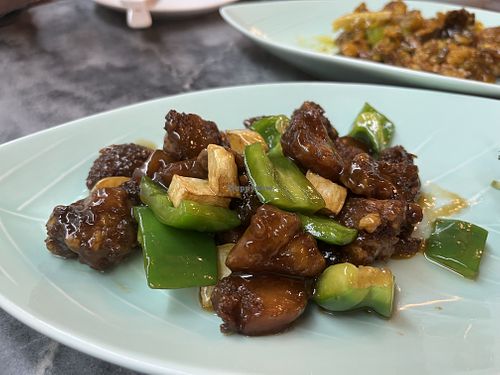 Vegan beef with black pepper sauce; very tasty!  at GōngDé Lín - Godly - Huanghe Rd in Shanghai