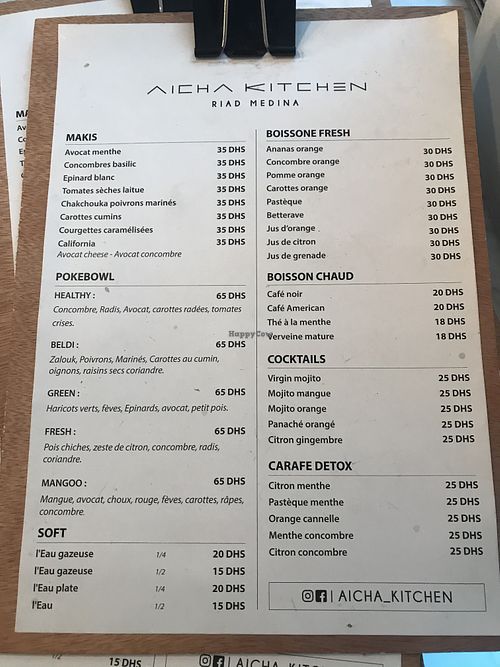 Menu at Aicha Kitchen in Marrakech