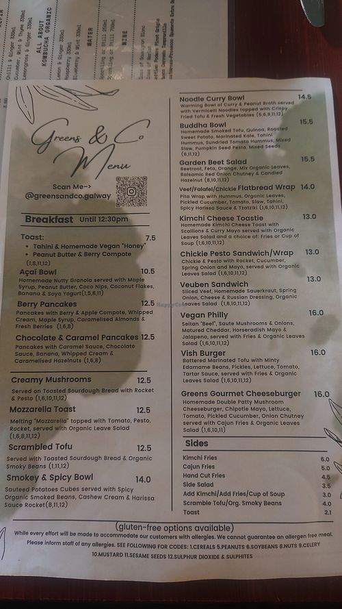 Menu at Greens & Co in Galway