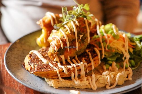 dish of the day - kimchi pancake with hummus and fried broccoli at Greens & Co in Galway