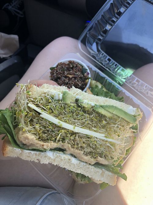 Avocado & veggie sandwich with vegan cheese & hummus  at Natural Sisters Cafe in Joshua Tree