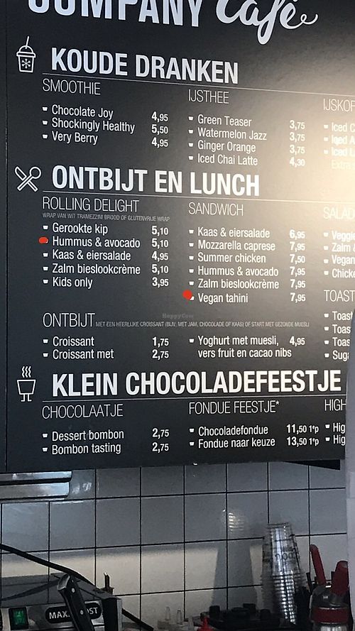 Menu at Chocolate Company Café in Deventer