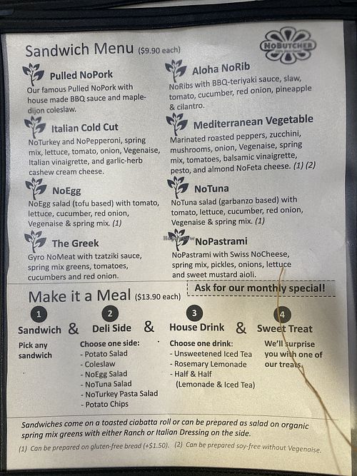 Menu at NoButcher in Las Vegas
