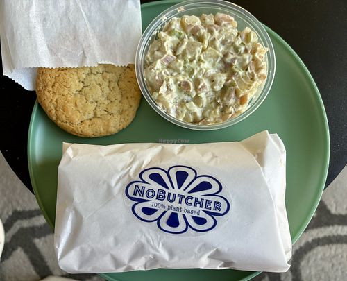 NoPastrami sandwich, potato salad and cookie   at NoButcher in Las Vegas