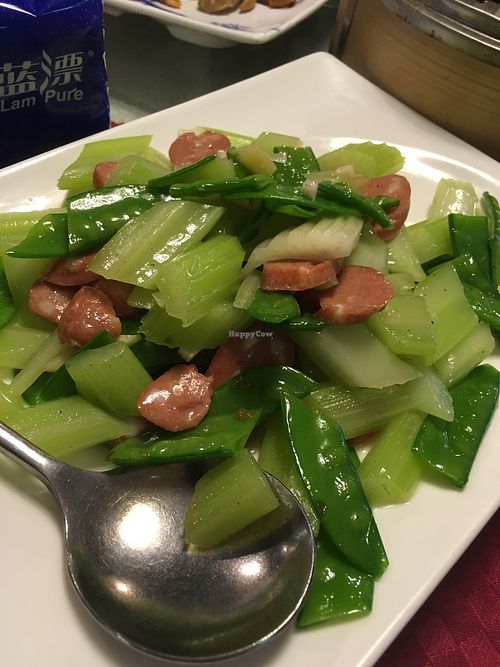 sausages and celery and green beans at Wu Shang Vegetarian in Nanjing