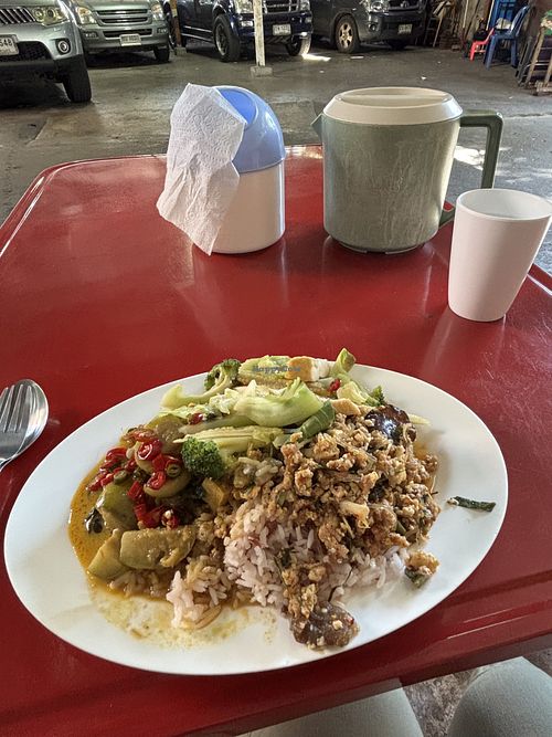 Three dishes with rice - looks larger from this angle   at Tian Xin Silom in Bangkok