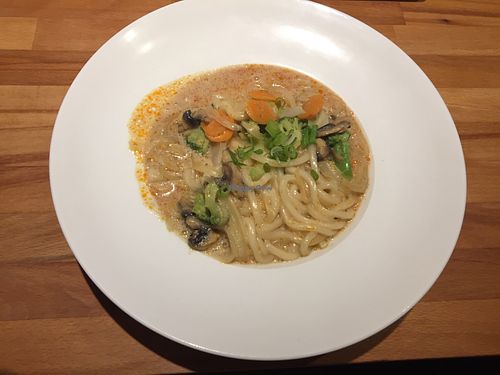 Udon noodles in a creamy Champignon sauce  at Ann Café in Kiel