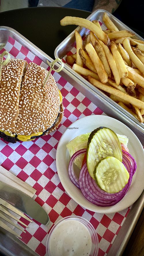Homemade vegan burger and french fries 🍟 🤤  at Cassell's Hamburgers - Koreatown in Los Angeles