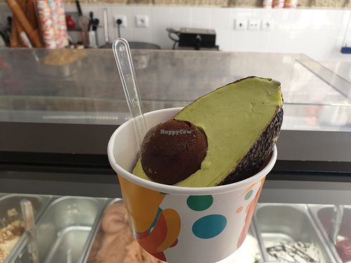 Avocado vegan ice cream in real shell at Gelatopia in Porto