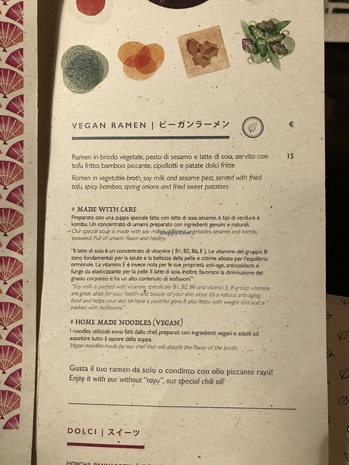 Vegan ramen on the menu at Tenoha Milano in Milan