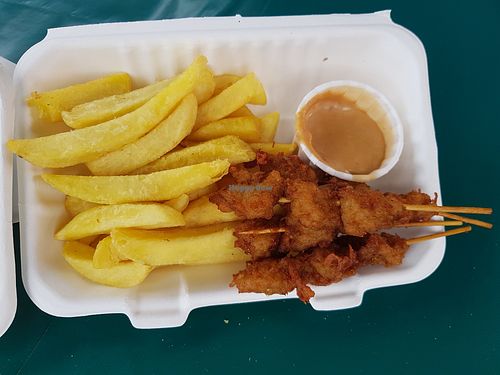 Satay sticks, chips and peanut sauce at There's No Catch in Guisborough