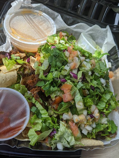 Loaded nachos, with walnut beef & enchilada chicken, creamy avocado salsa, roasted salsa, housemade cheese sauce. at SO Veganly in Spring