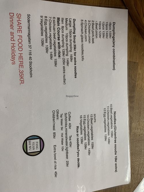 Menu  at Fang Yuan Shi Wu in Stockholm