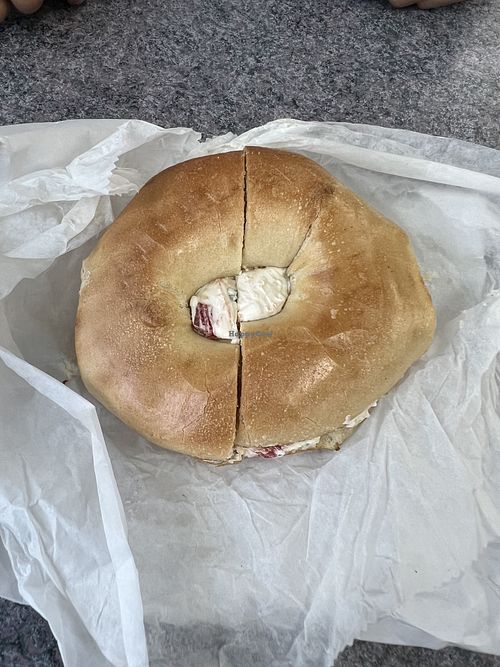 Veggie vegan cream cheese on toasted bagel  at Seaford Bagels in Seaford