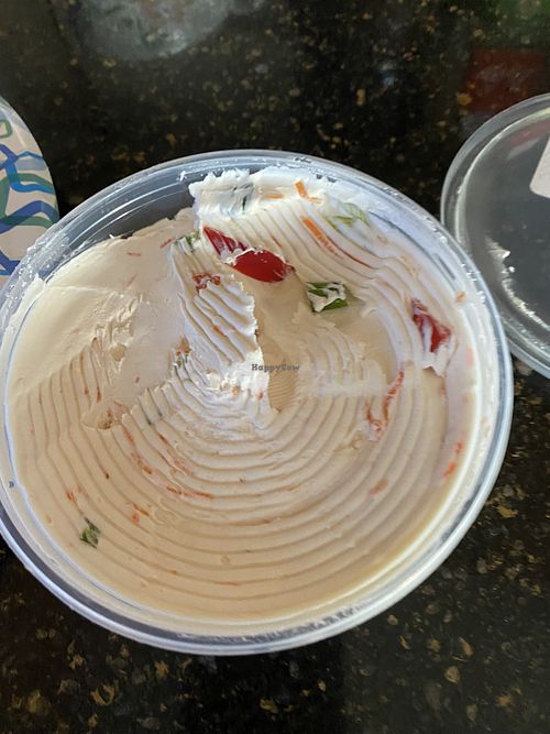 Tub of veggie vegan tofu cream cheese   at Seaford Bagels in Seaford