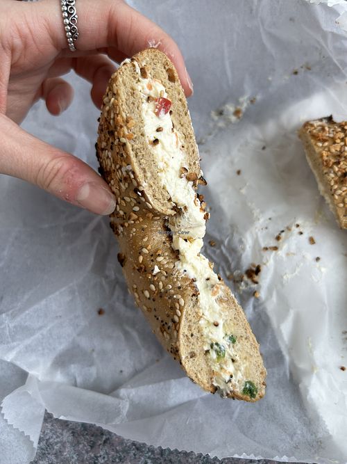 Vegan veggie cream cheese  at Seaford Bagels in Seaford
