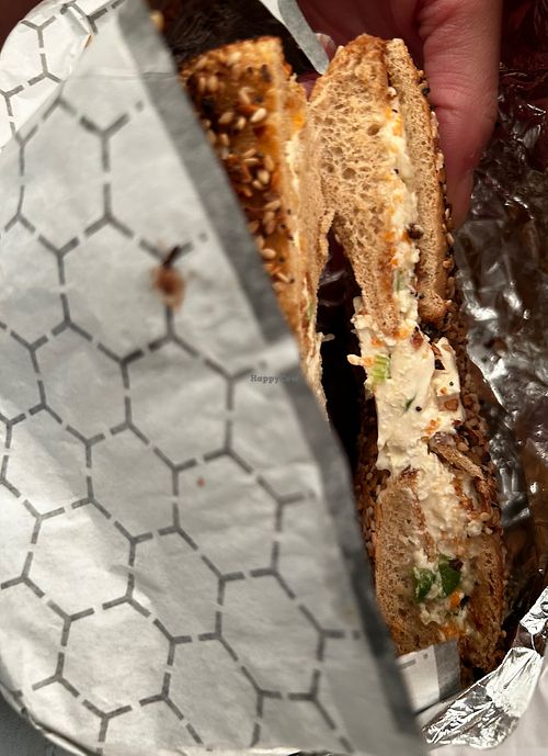 Flagel with vegan veggie cream cheese  at Seaford Bagels in Seaford