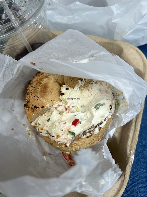 Toasted whole wheat bagel with vegan veggie cc  at Seaford Bagels in Seaford