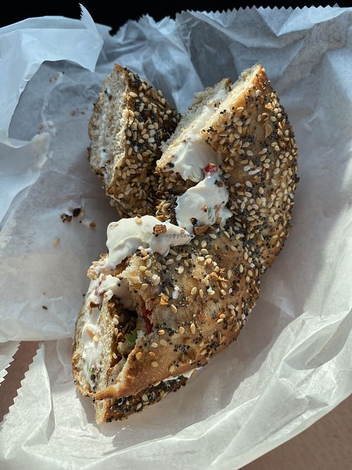 everything flagel with vegetable non dairy cream cheese and have  at Higbie Bagels in West Islip