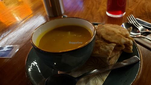 Squash soup with toasted pita at The Barbary Coast in Douglas