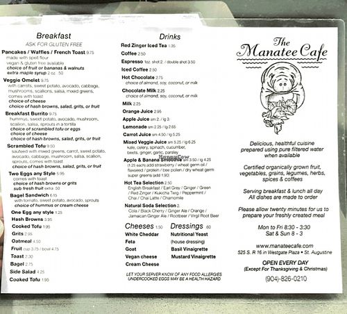 Manatee Cafe Menu at The Manatee Cafe in St Augustine