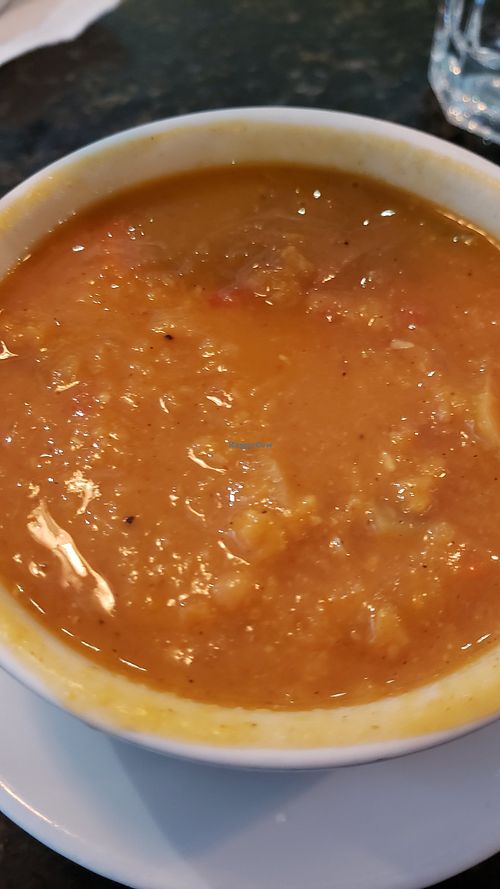 Red lentil soup with vegetables at Green Gables Cafe in Coral Gables