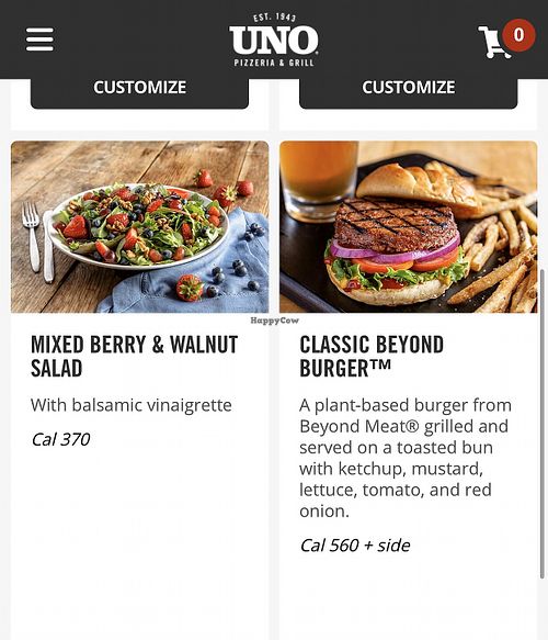 Vegan menu offerings  at UNO Pizzeria in Conshohocken