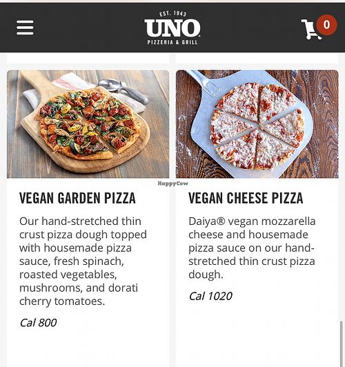 Vegan menu offerings  at UNO Pizzeria in Conshohocken