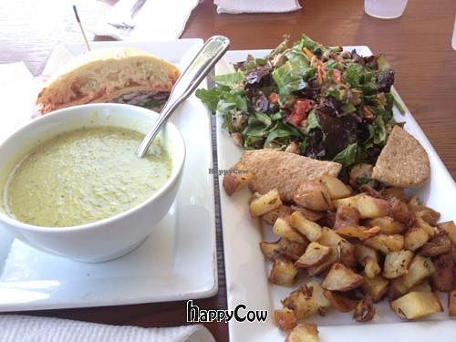 zucchini soup, veg parm sandwich, teriyaki tofu salad at Green Peas in Culver City