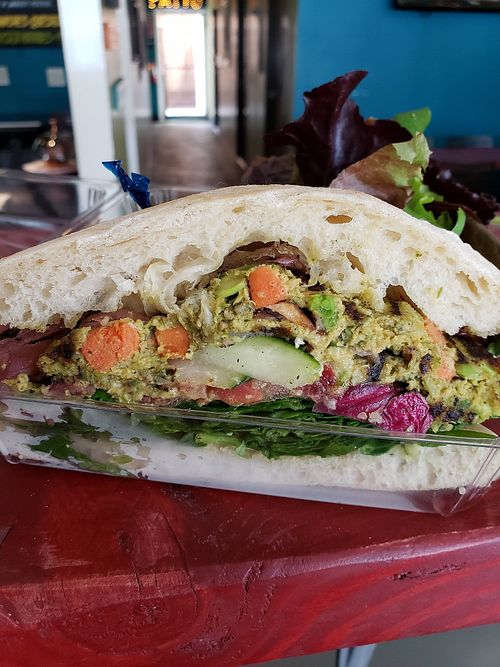 Home made veggie burger is really good. at Green Peas in Culver City